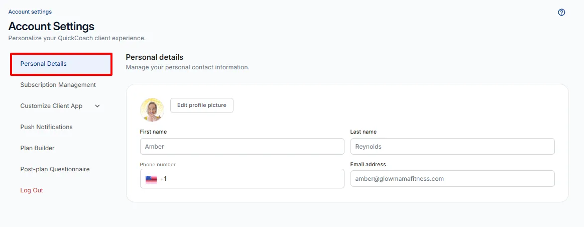 The Personal Details tab with fields for profile picture, name, phone number and email