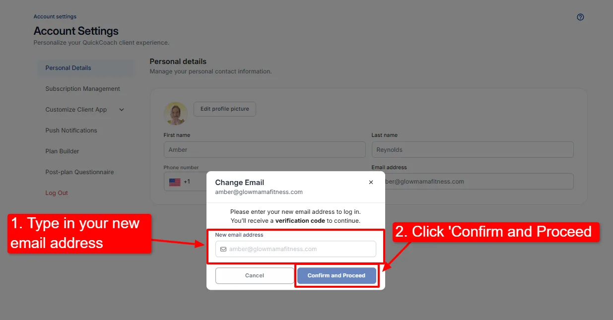The email change dialog asking for confirmation before sending a verification code