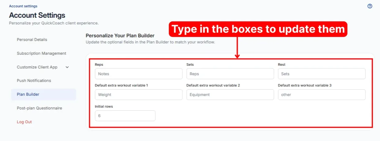 The plan builder default settings with variable name fields and a default row count