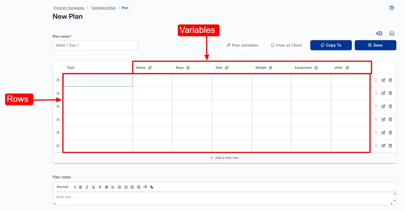 The plan builder with the default variable columns and rows labelled