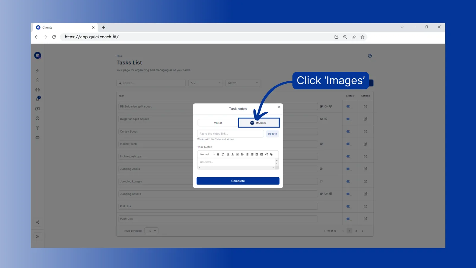 The task notes window with the Images tab highlighted