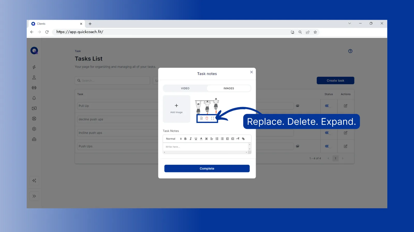 Added task images with icons to replace, delete and expand each one