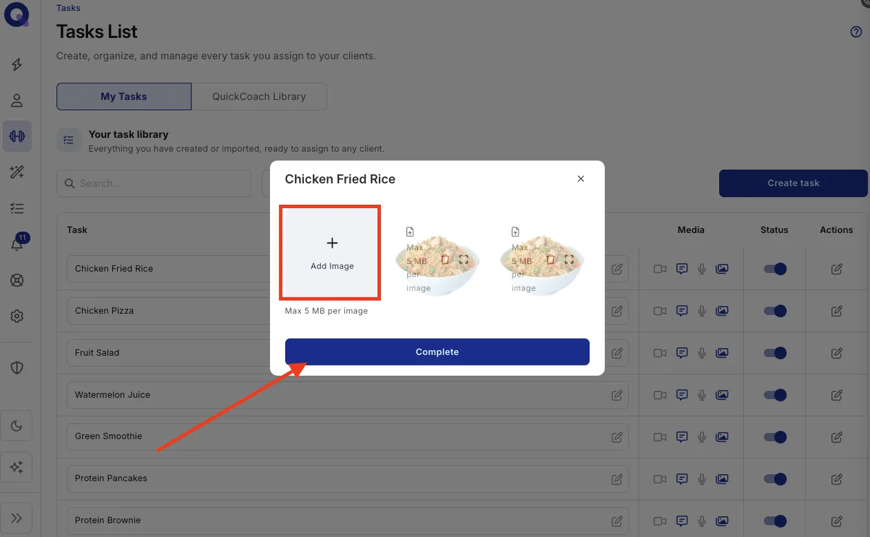 The Add Image option with the Complete button after choosing a photo