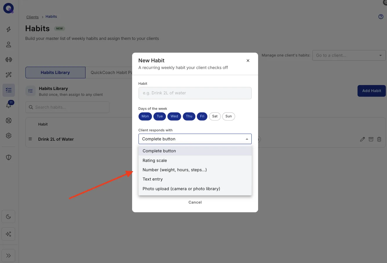 The habit setup screen with the number, rating scale and complete response type options