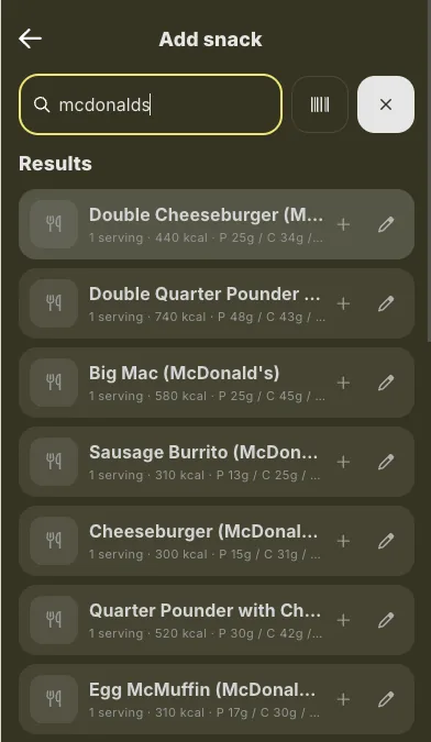 The client app searching the verified food database, with a barcode option beside the search box