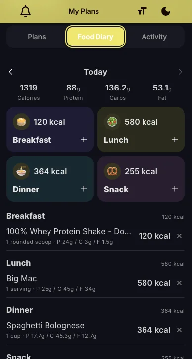 The Food Diary in the client app with the day's meals and macros totalled