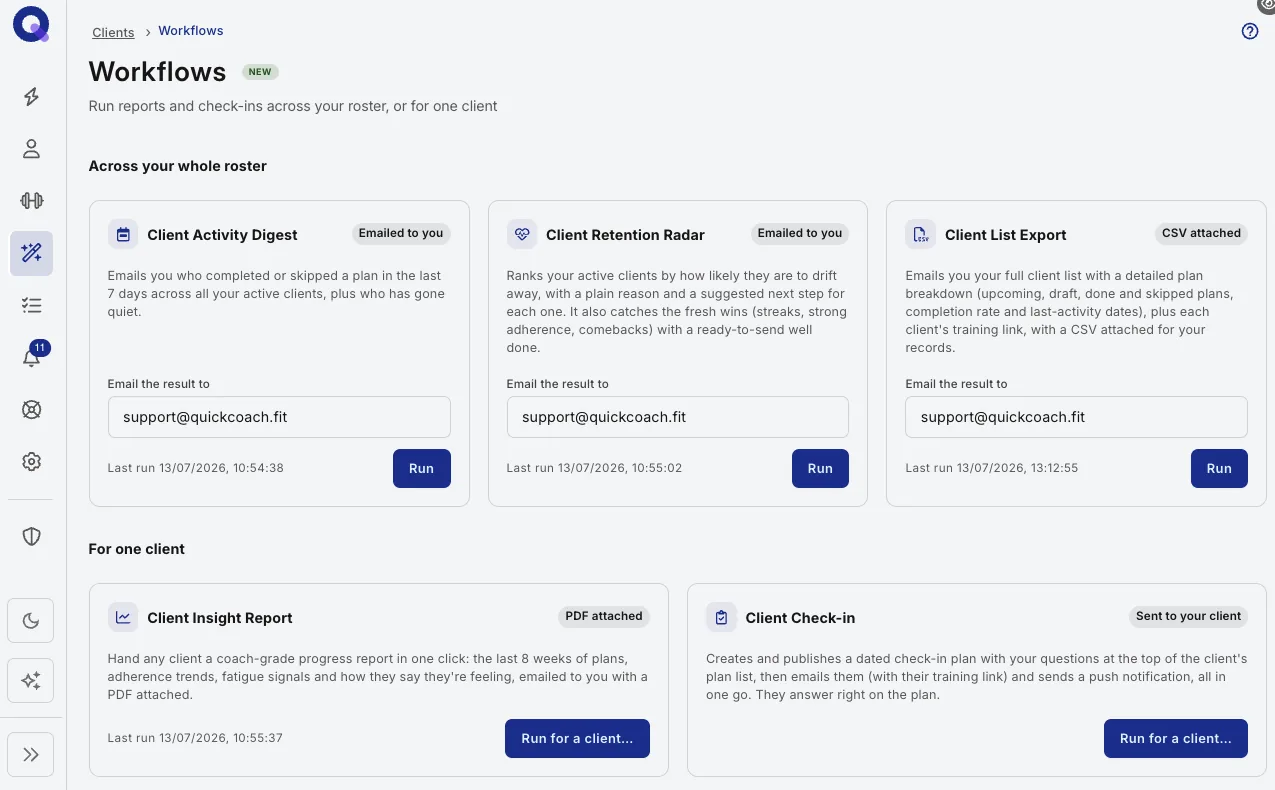 The Workflows page listing all five workflows in their two groups, each with a Run button
