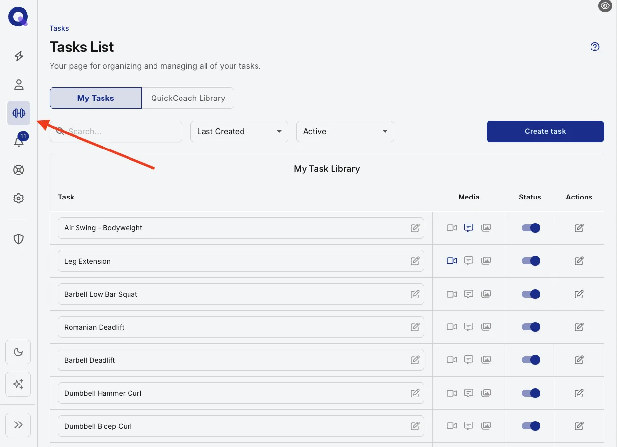 The Task Library open with the list of tasks and a Status column