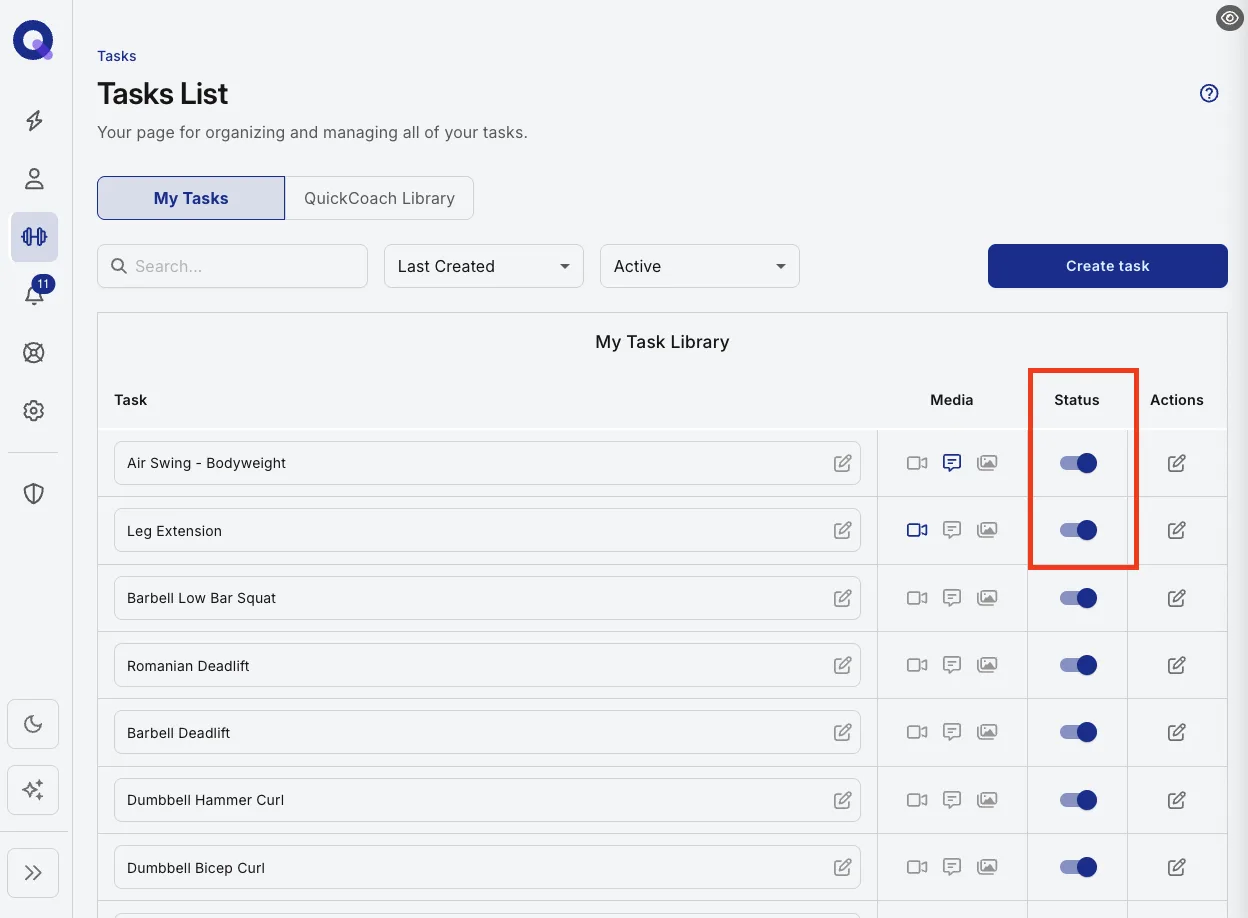 A task row with the Status toggle being clicked