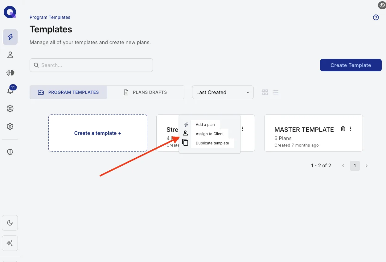 A template folder's three-dot menu open with the assign to client option showing