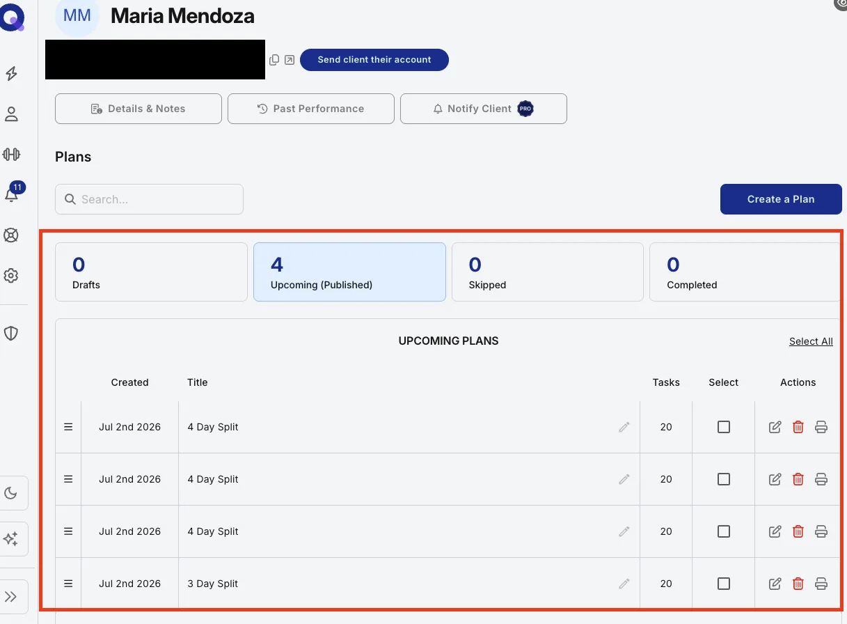 A client's account listing all plans assigned from the template folder