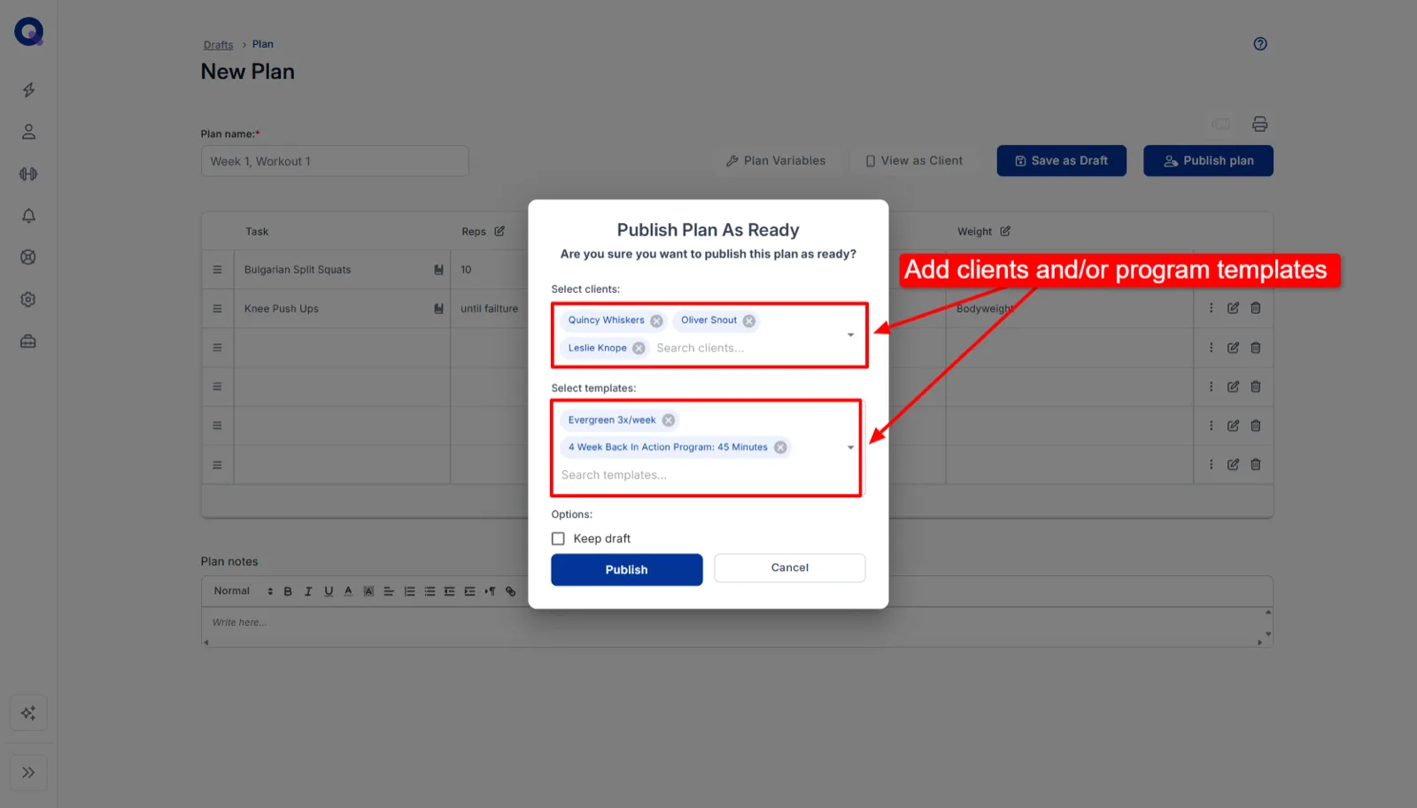 The publish dialog listing clients and program templates to send the plan to