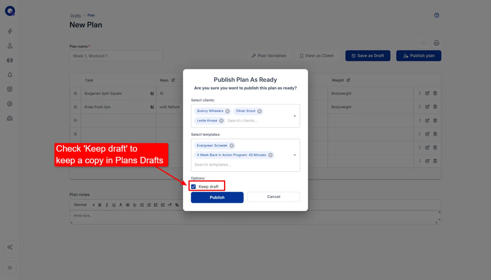The publish dialog with the Keep draft checkbox ticked