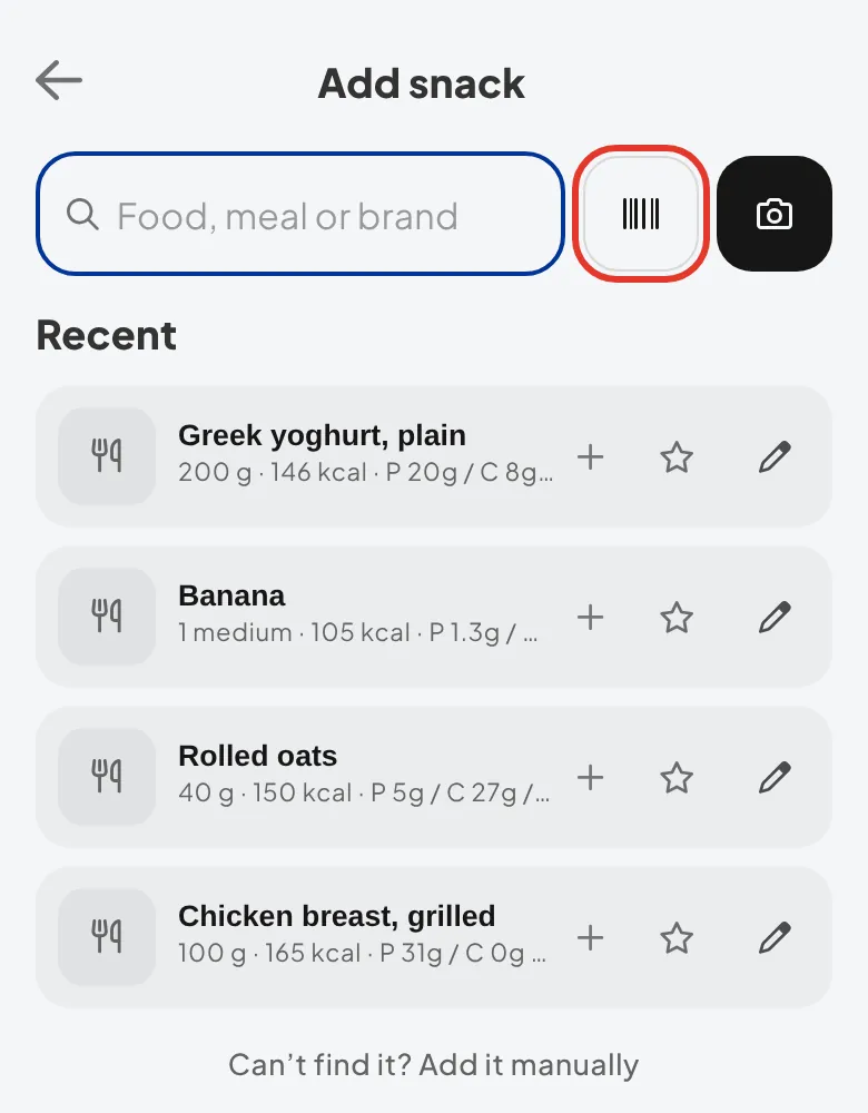 The Add snack screen in the client app with the barcode button outlined, between the search bar and the camera button