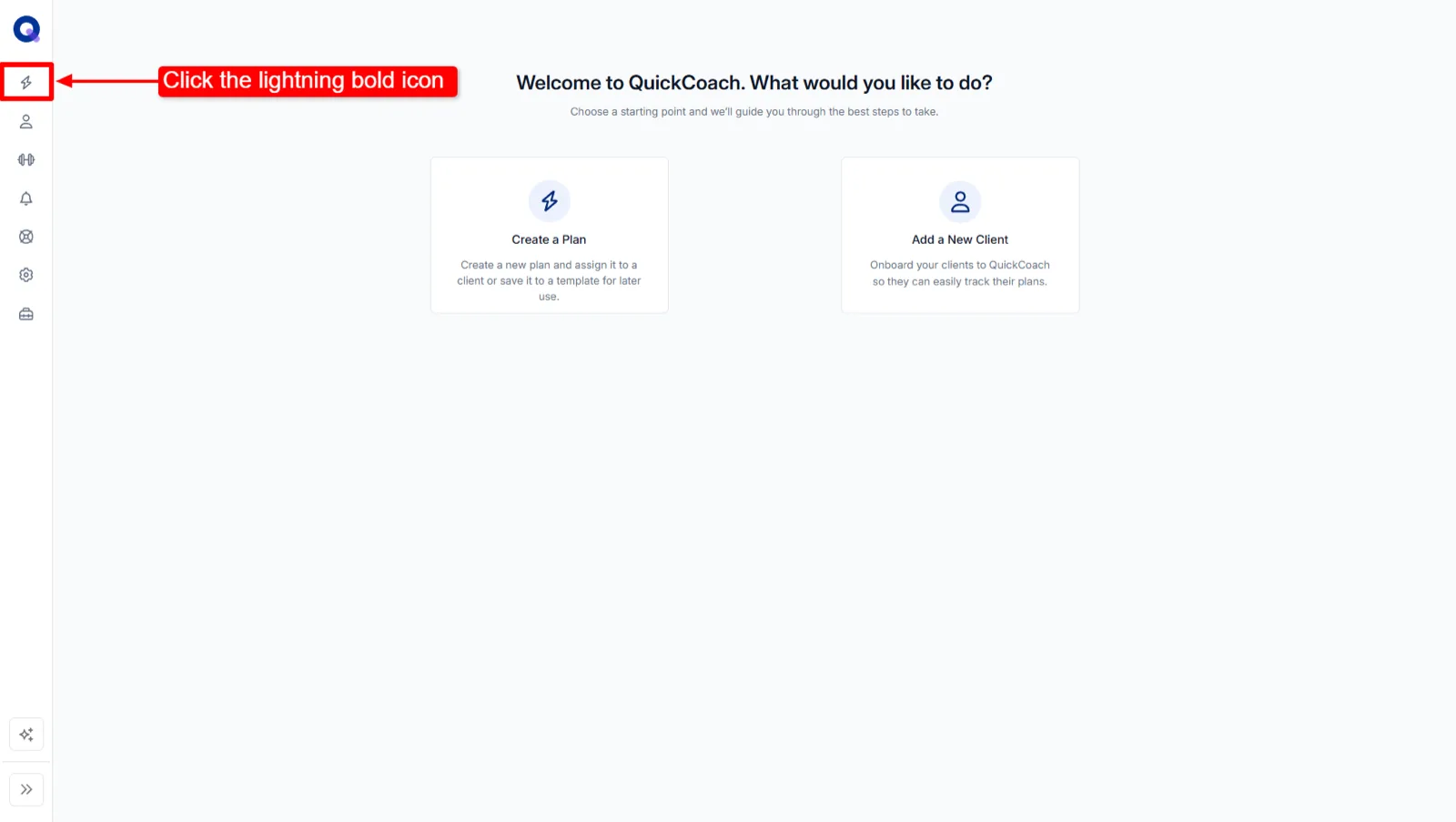The coach home page with the lightning bolt icon in the navigation that opens the program templates page