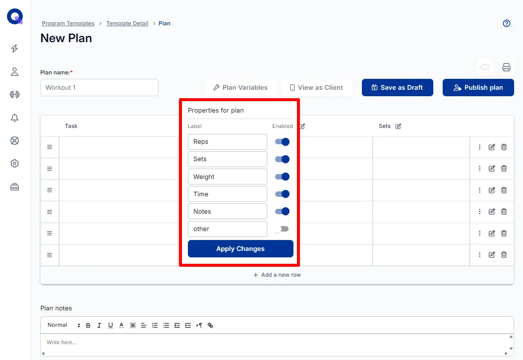 The Plan Variables menu with Reps, Sets, Weight, Time and Notes labels, and the Time and Notes toggles switched on