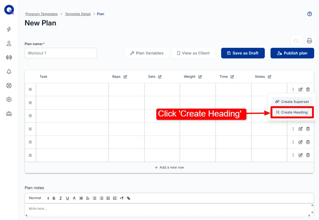 The row menu open on the first row of the plan builder, showing the Create Heading option