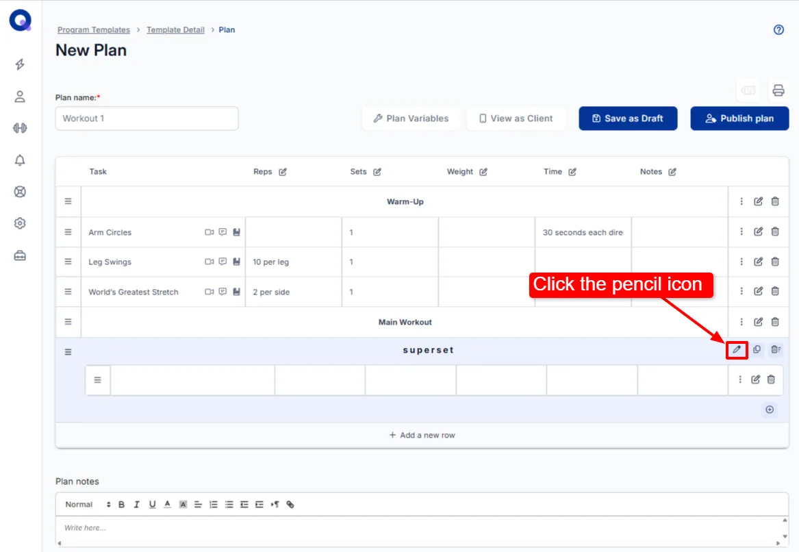 A superset in the plan builder marked with a purple band, with the pencil icon used to rename it