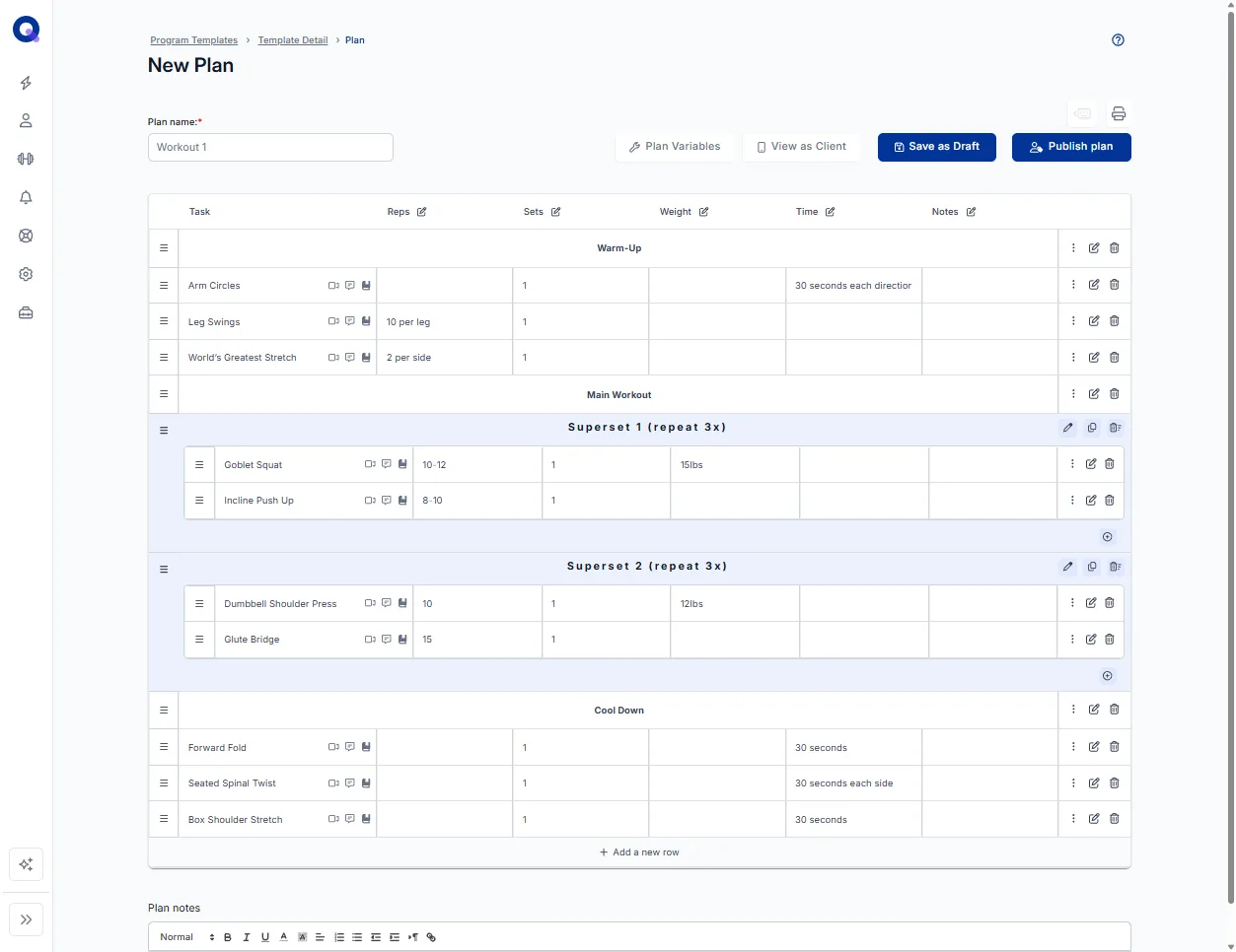 The completed Workout 1 plan with Warm-Up, Main Workout and Cool Down sections and two supersets