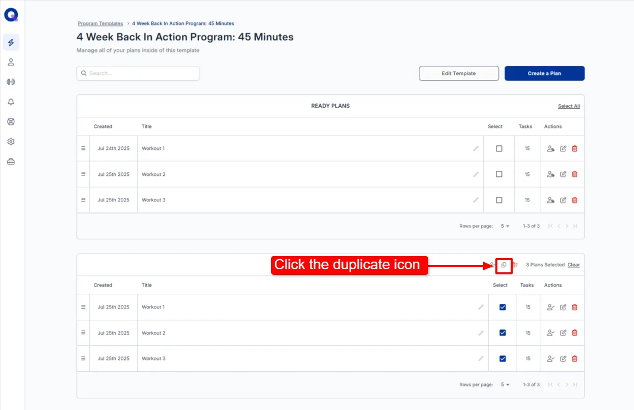 The Draft Plans section of a program template with plans selected and the duplicate icon above the list