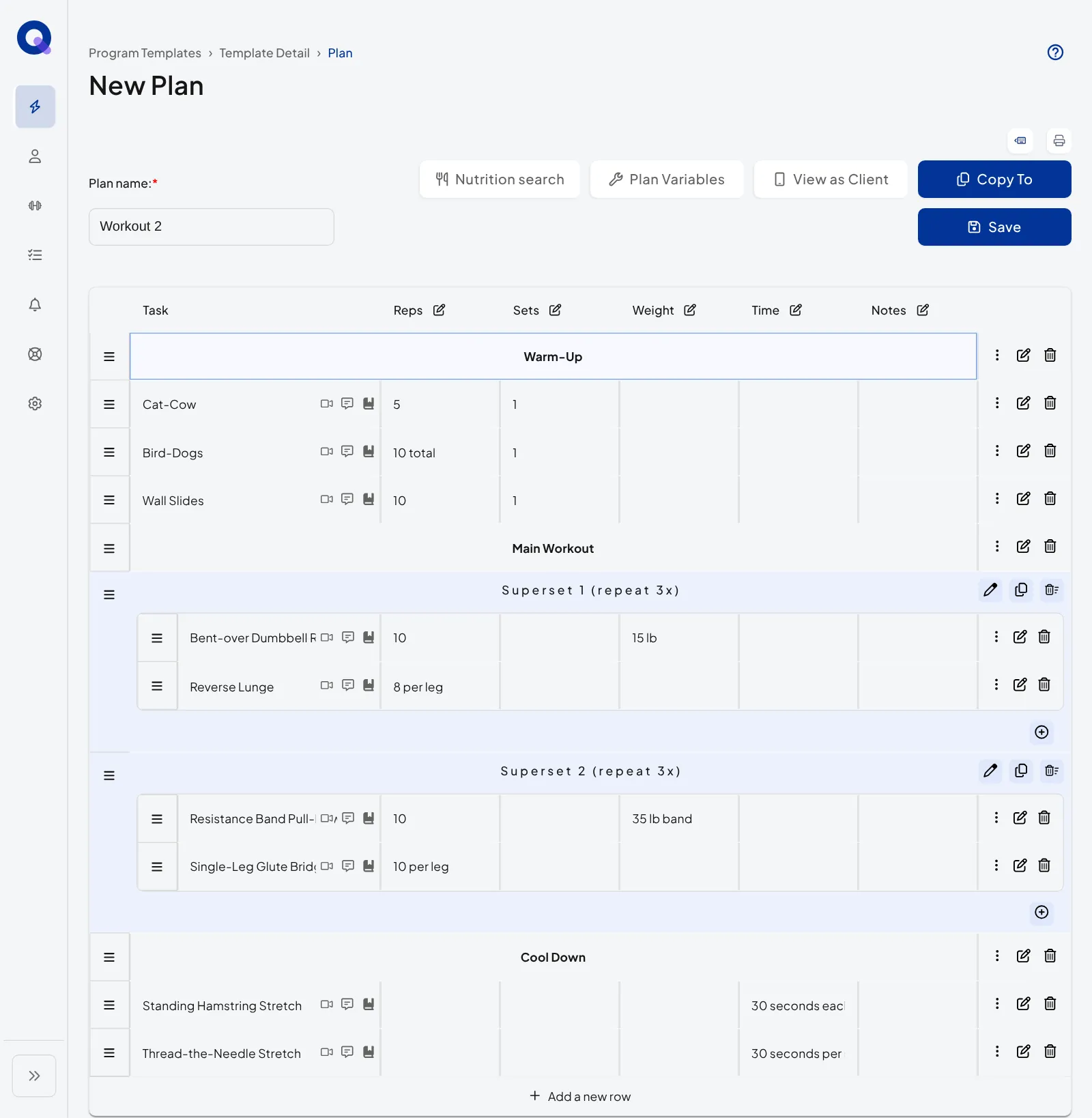 Workout 2 in the plan builder with Reps, Sets, Weight, Time and Notes columns: a Warm-Up heading with Cat-Cow, Bird-Dogs and Wall Slides, a Main Workout heading with Superset 1 and Superset 2 (repeat 3x), and a Cool Down heading with two stretches