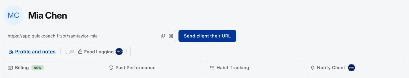 A client's profile, with the Billing tile next to Past Performance, Habit Tracking and Notify Client
