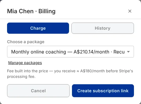 The Billing window for a client on the Charge tab, with the Monthly online coaching package chosen and the 'Create subscription link' button