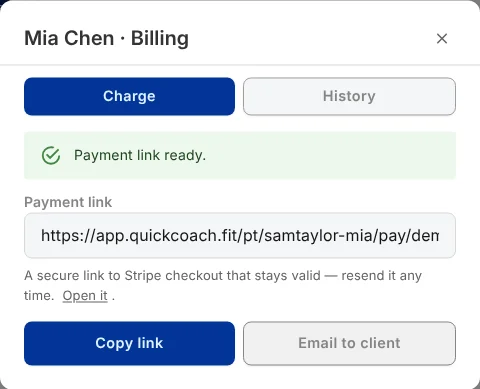 The Billing window showing 'Payment link ready.', the link, and the 'Copy link' and 'Email to client' buttons