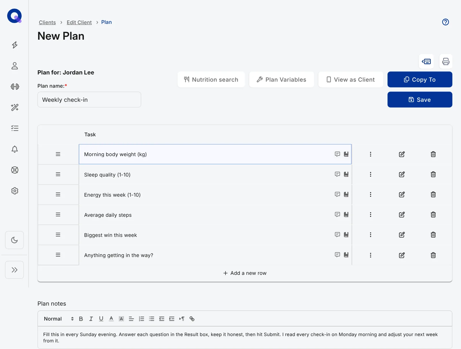 A weekly check-in plan in the plan builder, with six questions as tasks, only the Task column switched on and instructions for the client in the plan notes