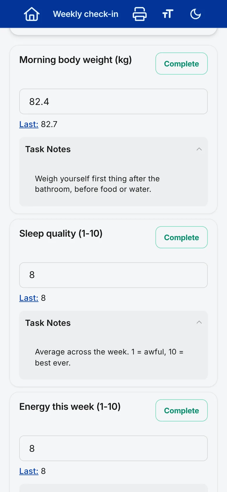 A client answering the weekly check-in in their app, with body weight, sleep quality and energy typed into the Result boxes