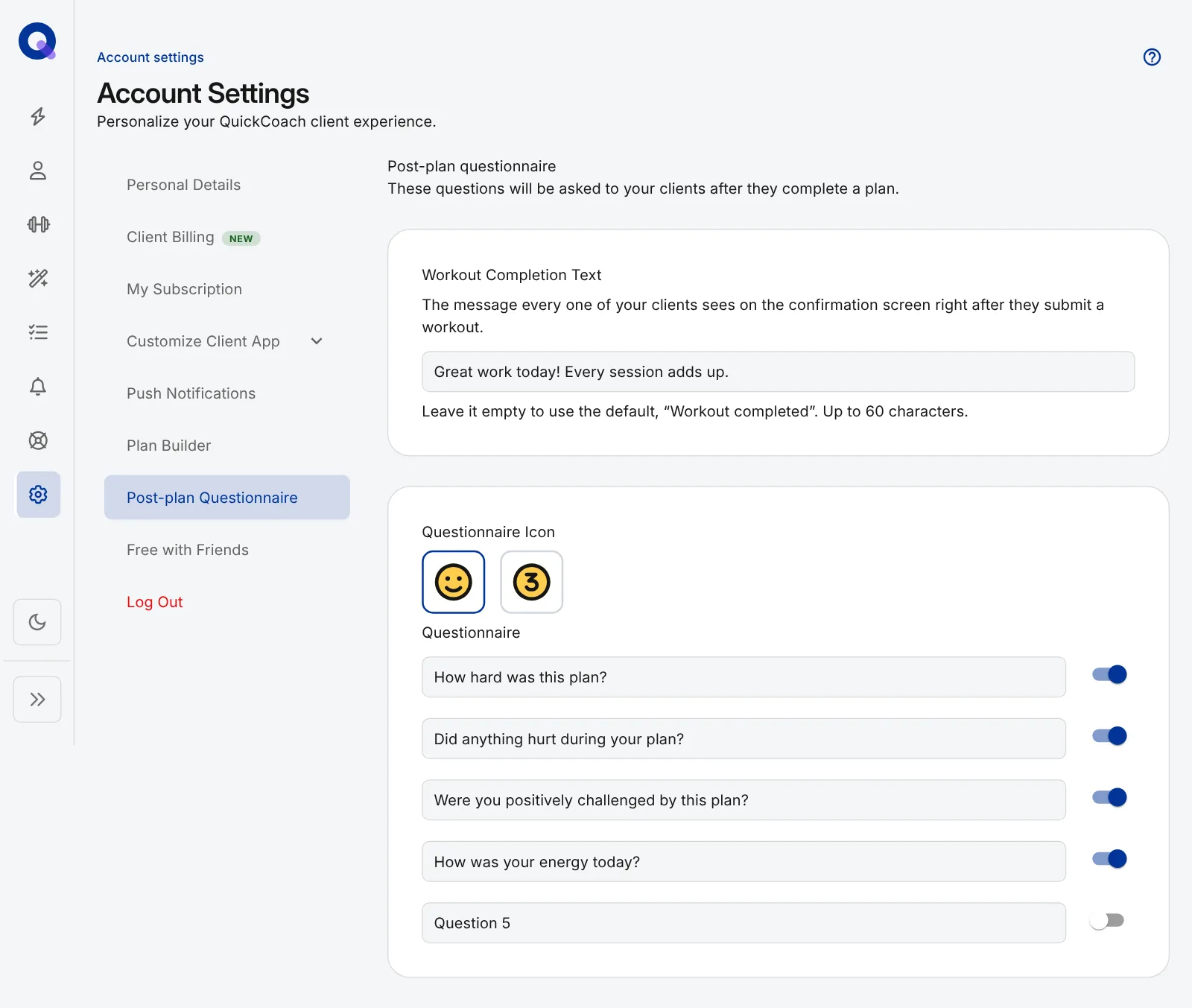 The Post-plan Questionnaire settings with the Workout Completion Text, the Questionnaire Icon choice and five question slots, four of them switched on