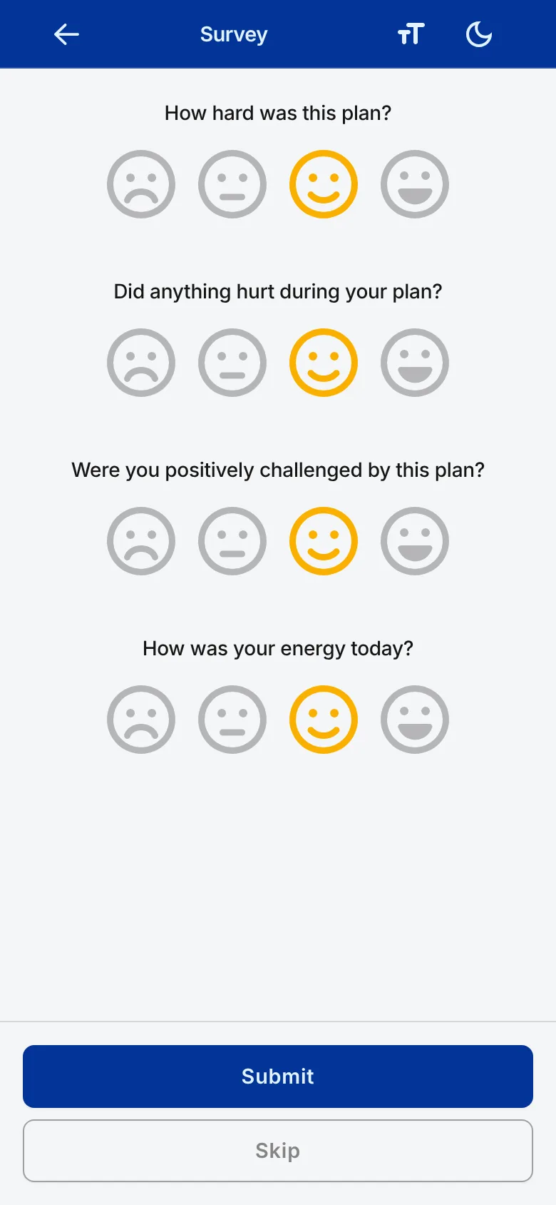 The post-plan survey on a client's phone, with four questions each answered by tapping a face, and Submit and Skip buttons