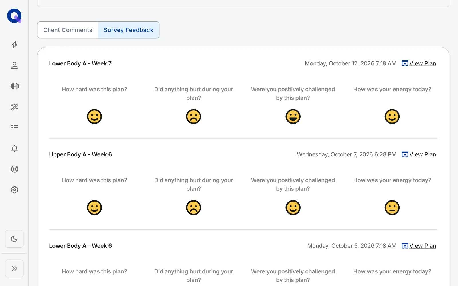 The Survey Feedback tab on a client's page, listing recent plans with their dates, a View Plan link and a face rating for each question