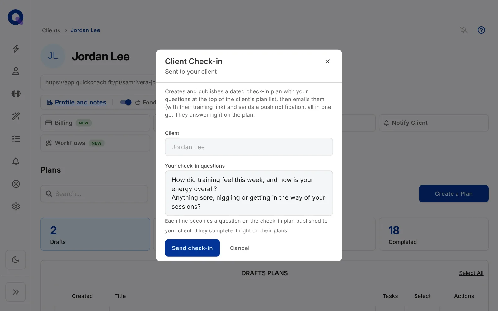 The Client Check-in window opened from a client's page, with the client filled in, two check-in questions typed one per line and a Send check-in button