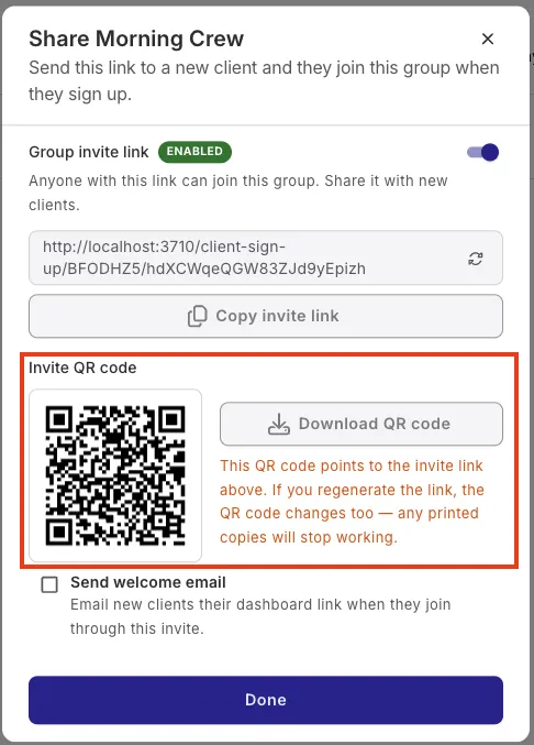 The Share Morning Crew dialog in QuickCoach showing the Invite QR code section with a scannable QR code and a Download QR code button, above the Send welcome email checkbox