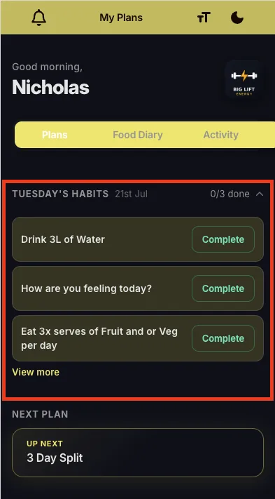 The client home screen with the day's habits listed