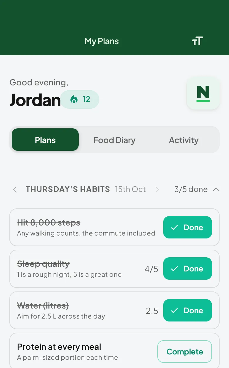 The home screen after three check-ins: Hit 8,000 steps, Sleep quality rated 4/5 and Water (litres) at 2.5 are crossed through with green Done buttons, and the count reads 3/5 done