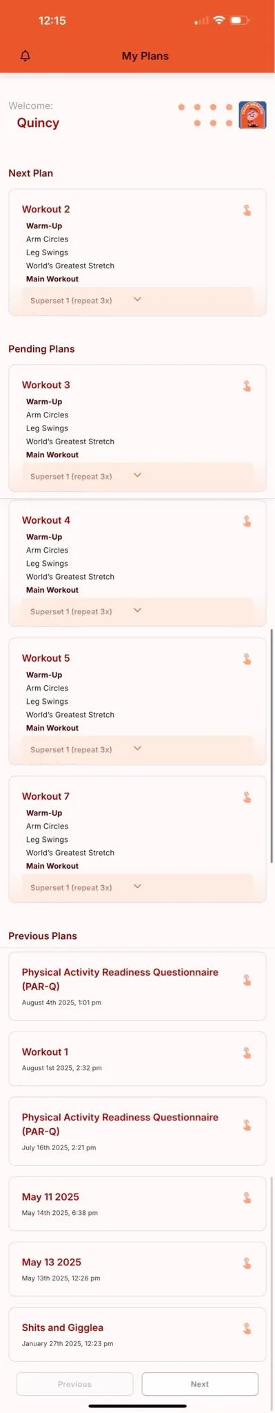 The full client home page on a phone: a bell icon and welcome greeting at the top, then Next Plan, Pending Plans and Previous Plans sections.