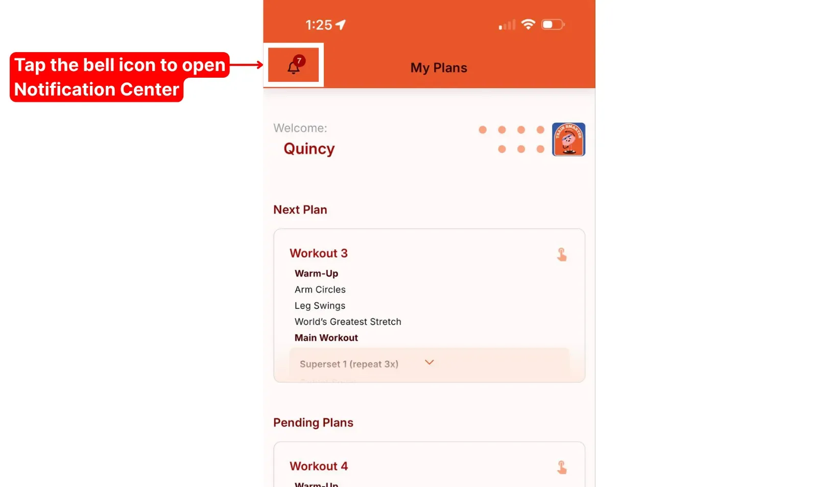 The client home page with the bell icon in the top corner highlighted and a callout to tap it to open the Notification Center.