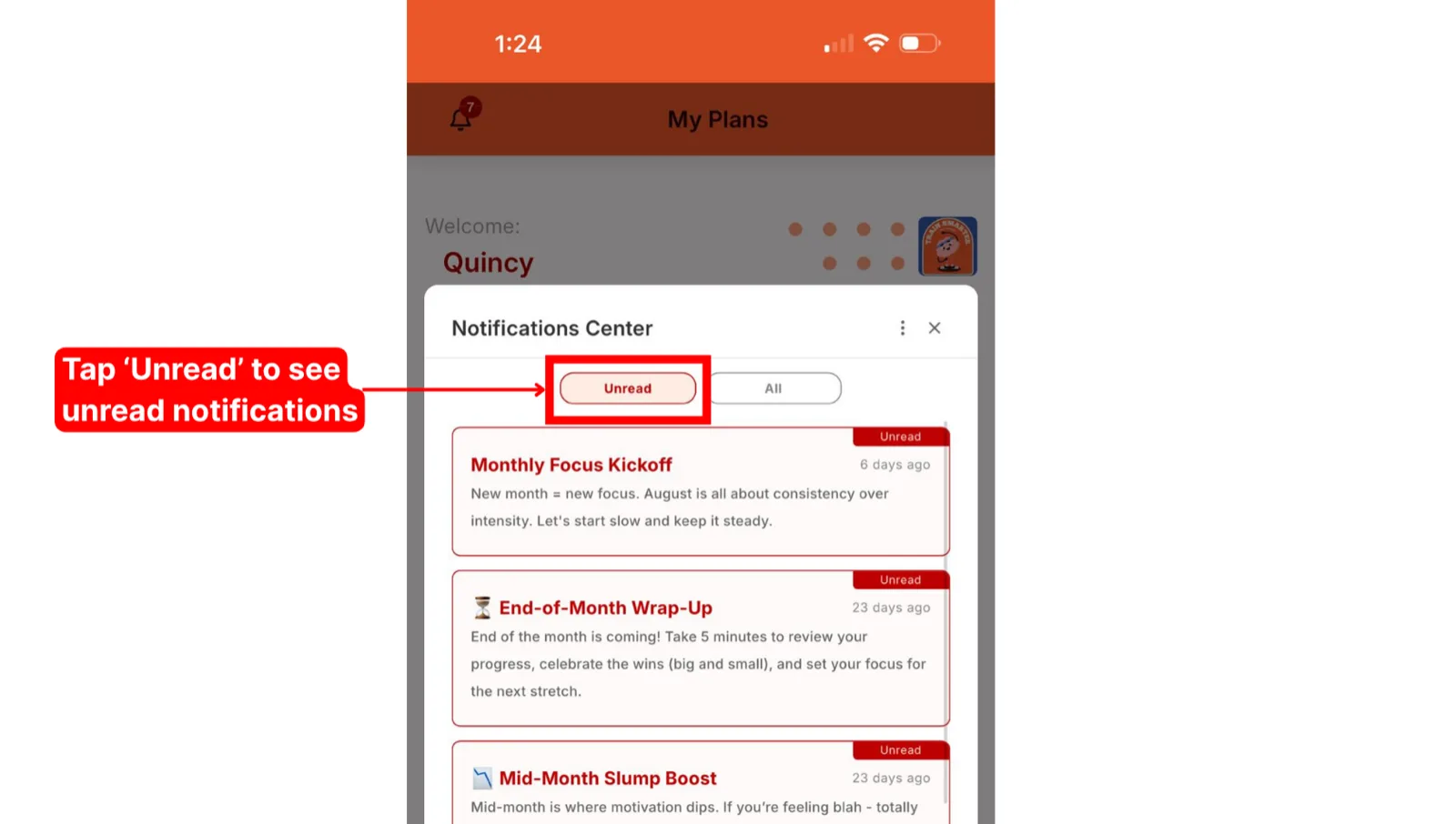The Notification Center open on the Unread tab, showing a list of unread messages from the coach.