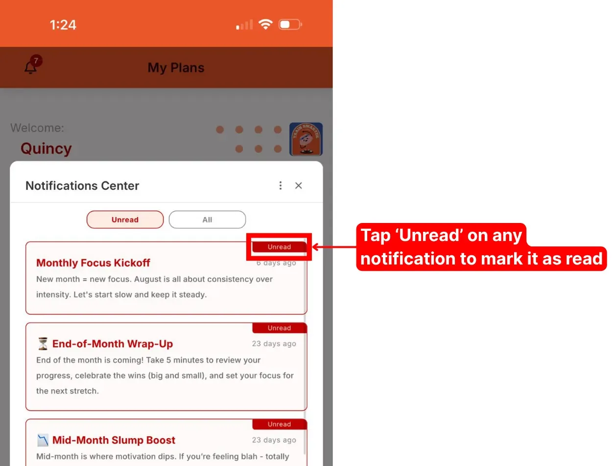 A notification with its Unread label highlighted and a callout explaining that tapping it marks the message as read.