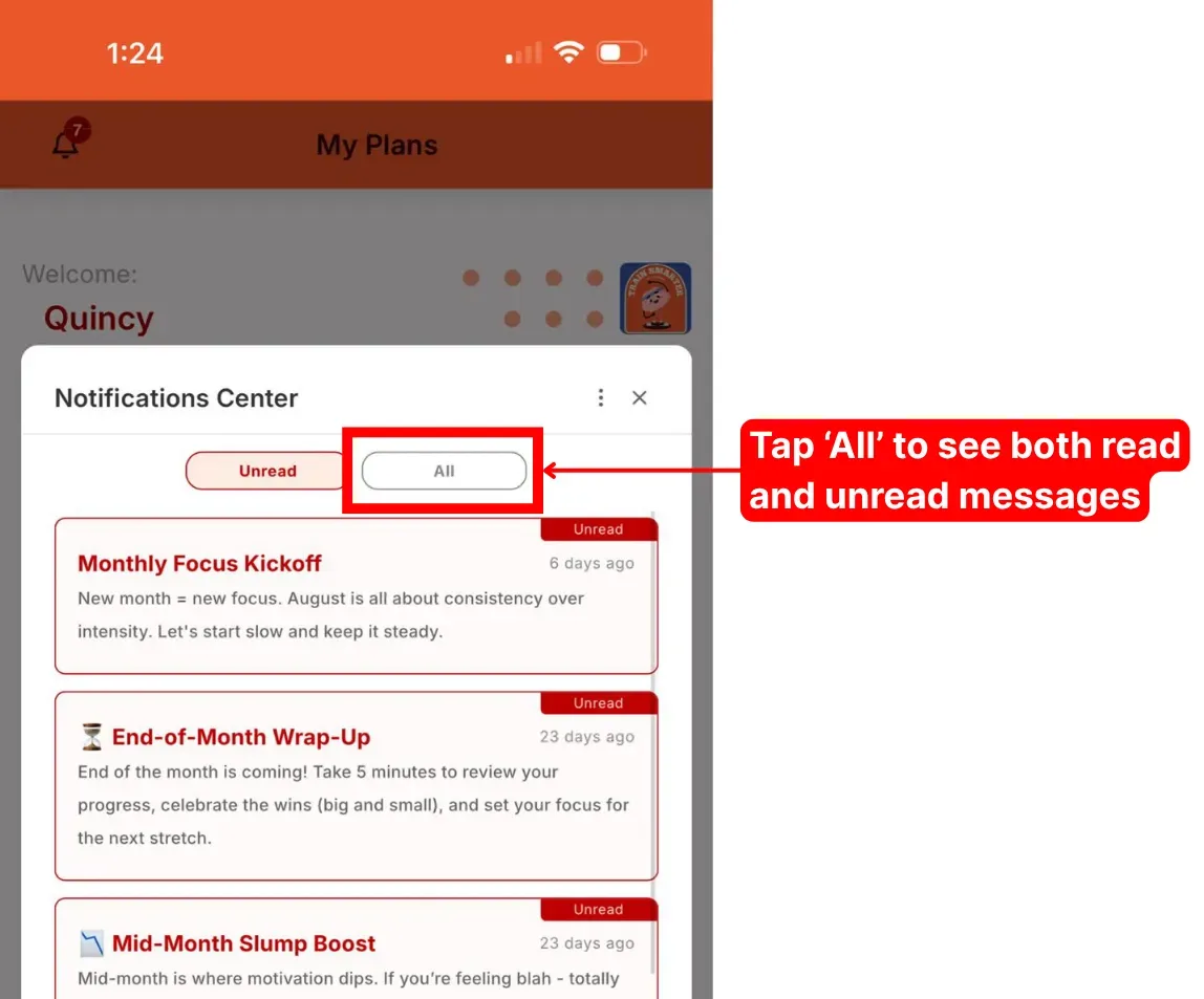 The Notification Center with the All tab highlighted, showing that it displays both read and unread messages.