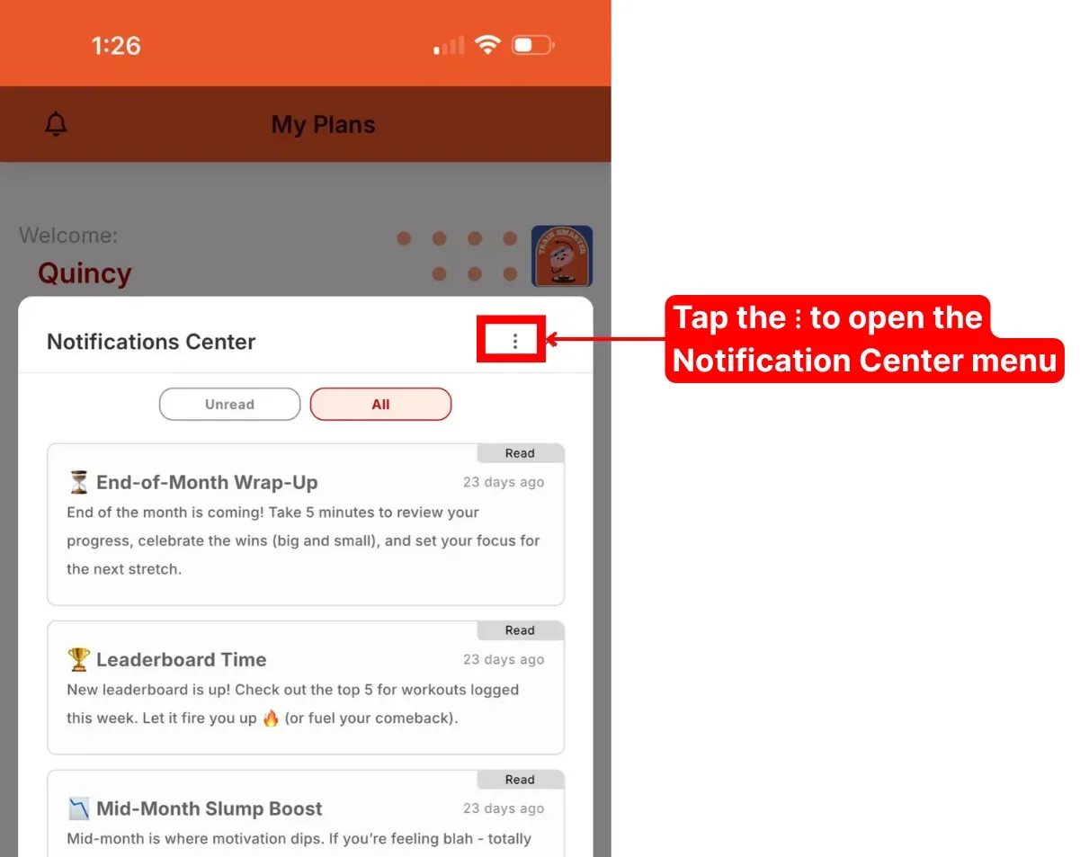 The Notification Center showing read messages, with the three-dot menu button highlighted.