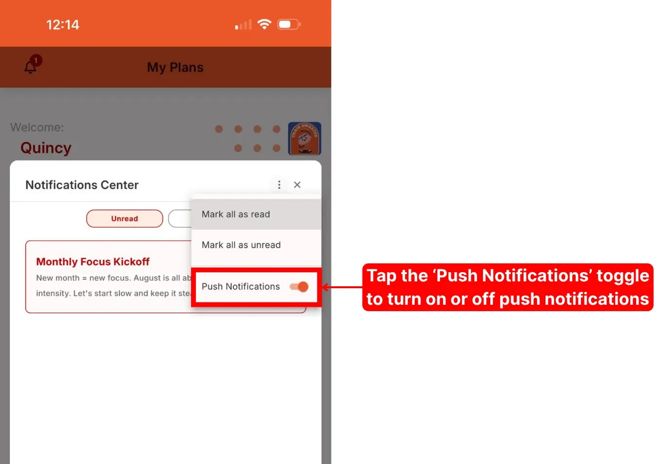 The Notification Center menu open, showing Mark all as read, Mark all as unread and a Push Notifications toggle.