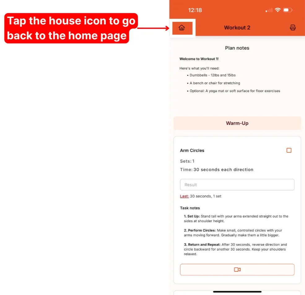 A client plan with the house icon at the top of the screen
