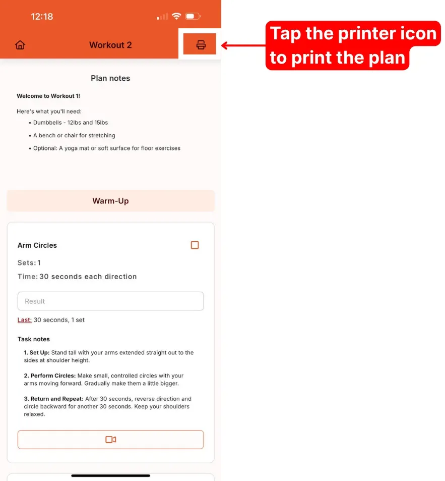 The printer icon at the top of a client plan