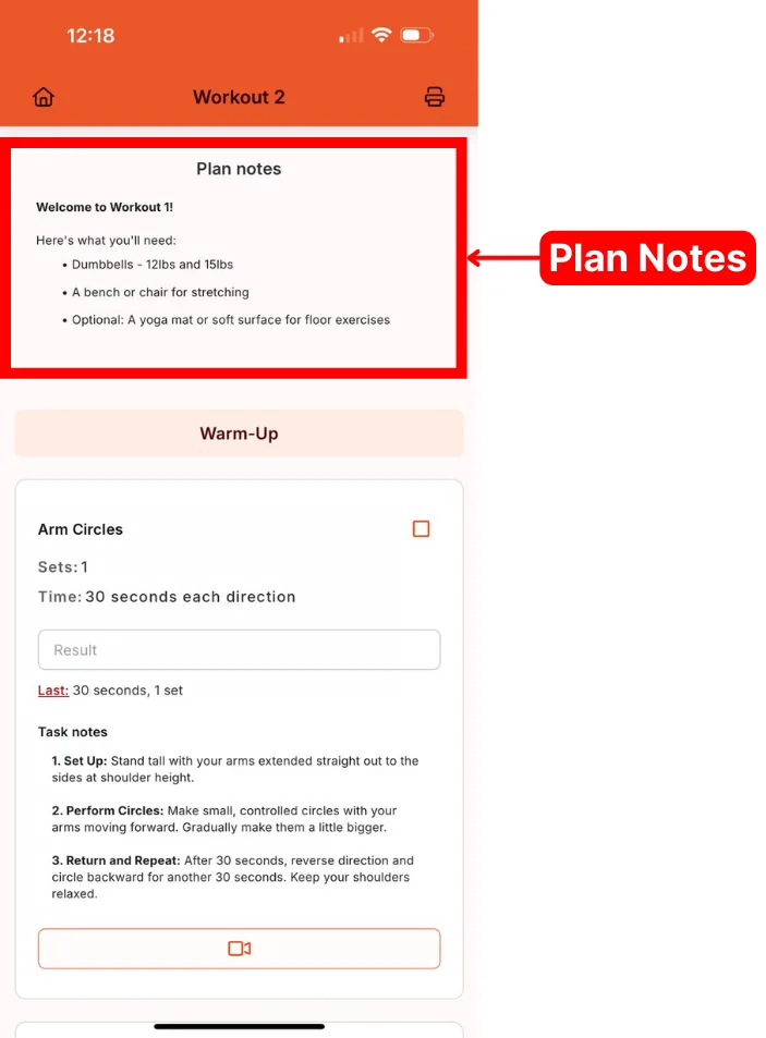 The plan notes section at the top of a client's plan