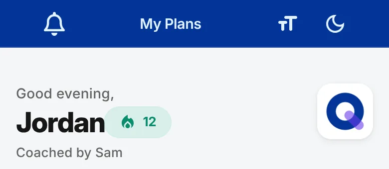 The top of the client home screen with the notifications bell, the My Plans title, and the Text size and dark mode buttons