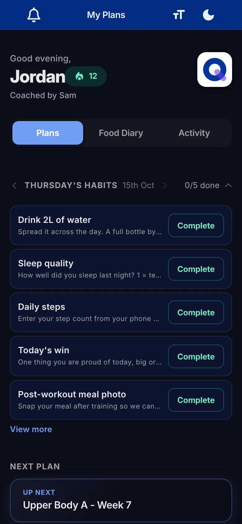 The client home screen in dark mode, with the day's habits and the next plan card
