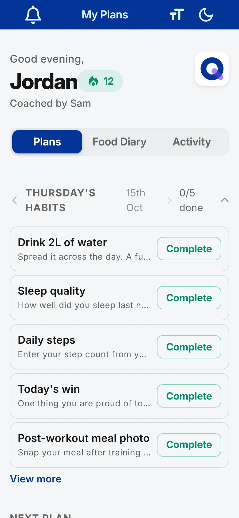 The client home screen with the text size set to Extra large